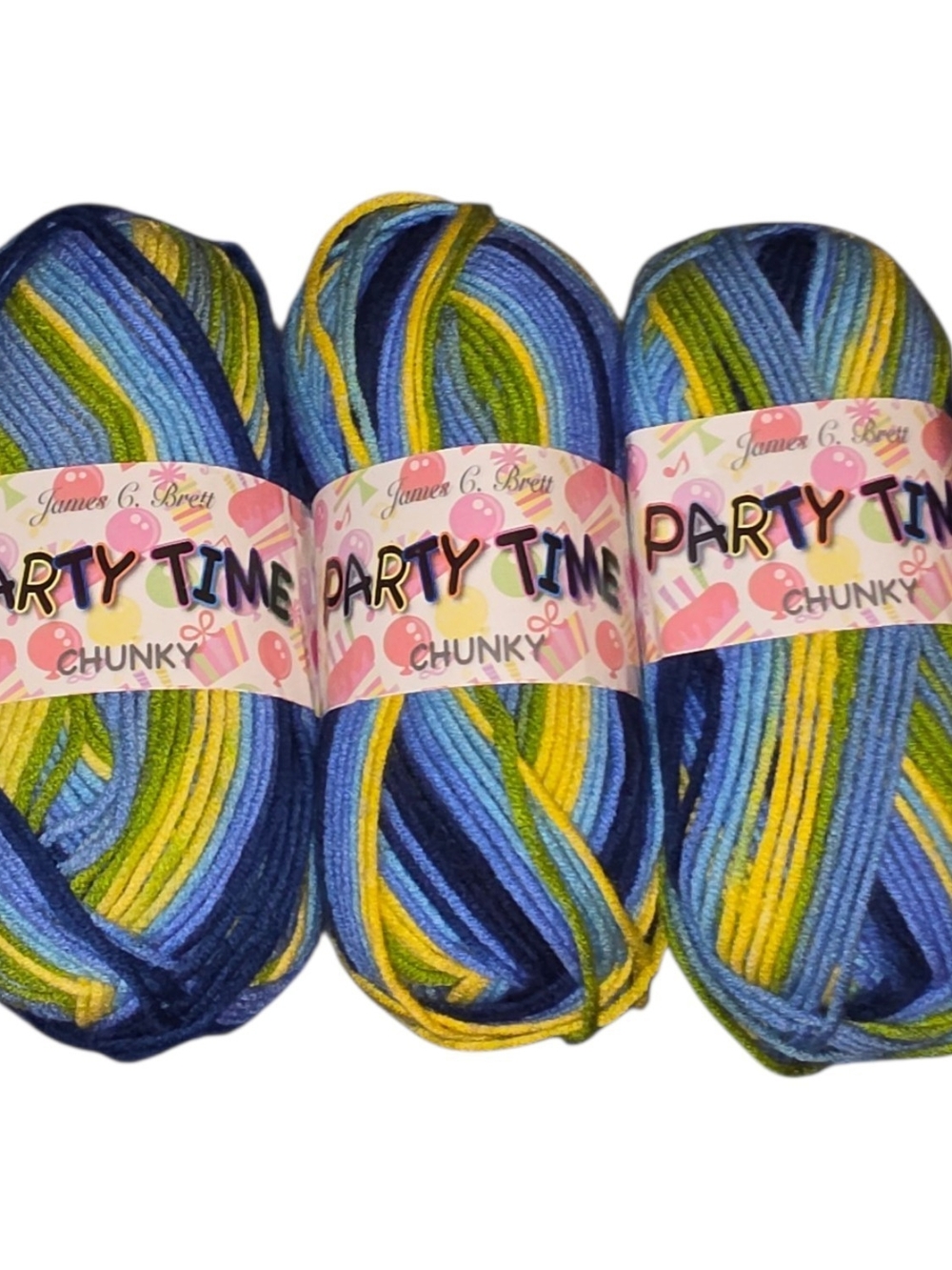 James C Brett Party Time Chunky Yarn PT2 Lot of 3 Blue Green Yellow 501 Yards